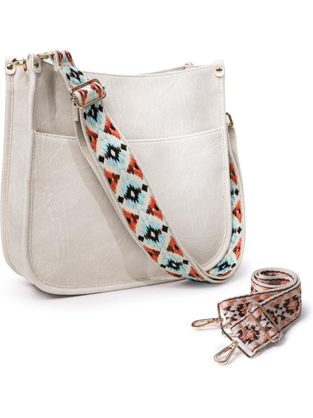 Women's White Leather Small Crossbody Bag Wide Guitar Strap Shoulder Purse